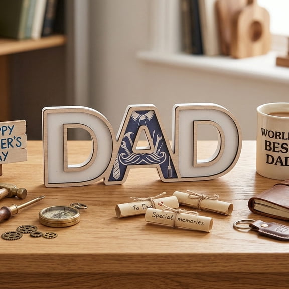 Fathers Day Wooden DAD Sign Tabletop Centerpiece Decor for Home Office Desk Shelf Table Decoration, Father's Day Dad Birthday Gift, 4.1"×11.8"