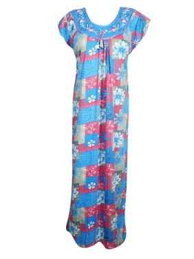 Mogul Women Blue,Pink Maxi Dress, Nightgown, Floral Print Maternity Dresses, Nightwear, Housedress Sleepwear Kaftan M