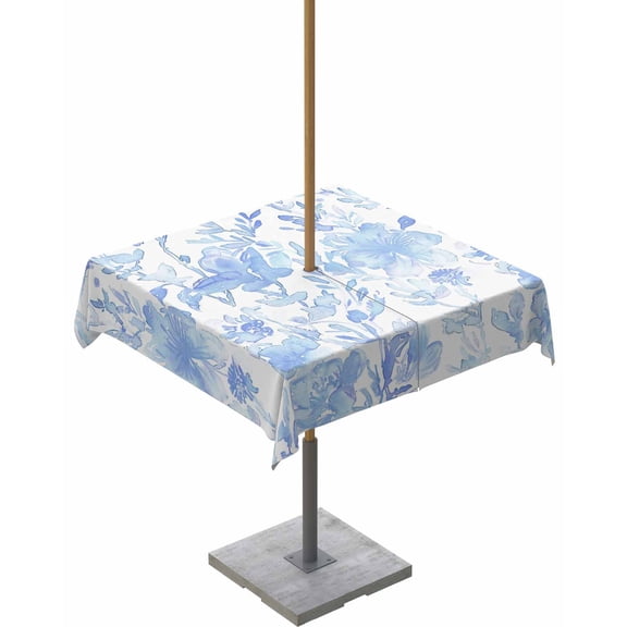 Boanket Outdoor Tablecloth with Umbrella Hole for Patio/Picnic/Party/Camping, Watercolor Blue Floral Waterproof Table Cloth Square Cover Washable, Blue Ombre Botanical Summer (54"x 54")