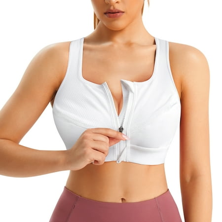 

Irisnaya Women s Front Closure Sport Bras Full Coverage Bra Wirefree with Zipper No Padding Cross Racerback Support Tops(White Medium)