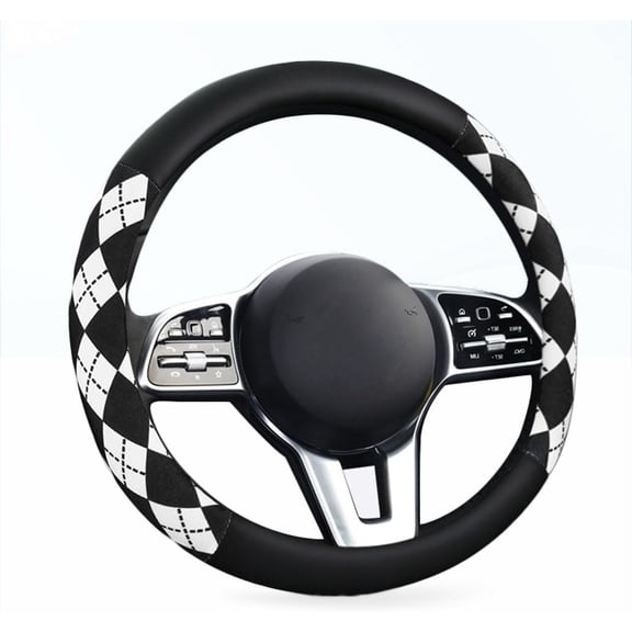 Steering Wheel Cover Black and White Diamond Pattern 15 Inch Anti-Slip Leather, Black