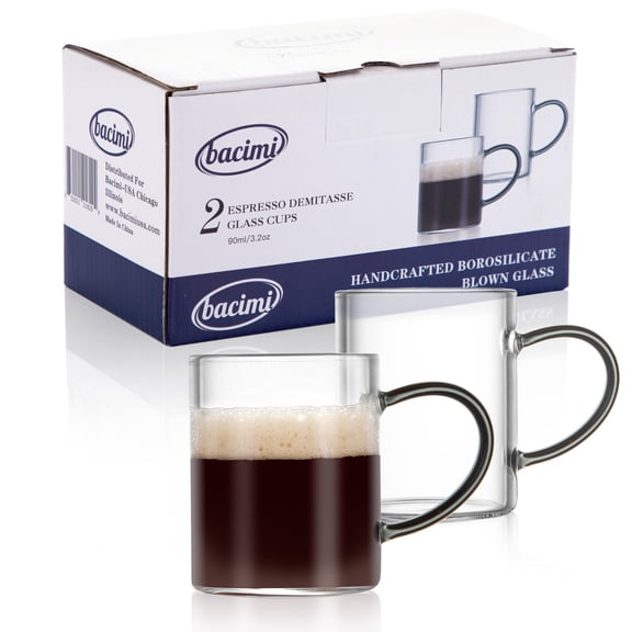 Bacimi Borosilicate Mini Glass Espresso cups 3oz / 90ML, Smoke Handle Set of 2