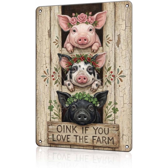 Farm Pig Metal Tin Sign, Rustic Farmhouse Kitchen Wall Decor, Animal Art Poster for Country Home, 8 x 12 Inch