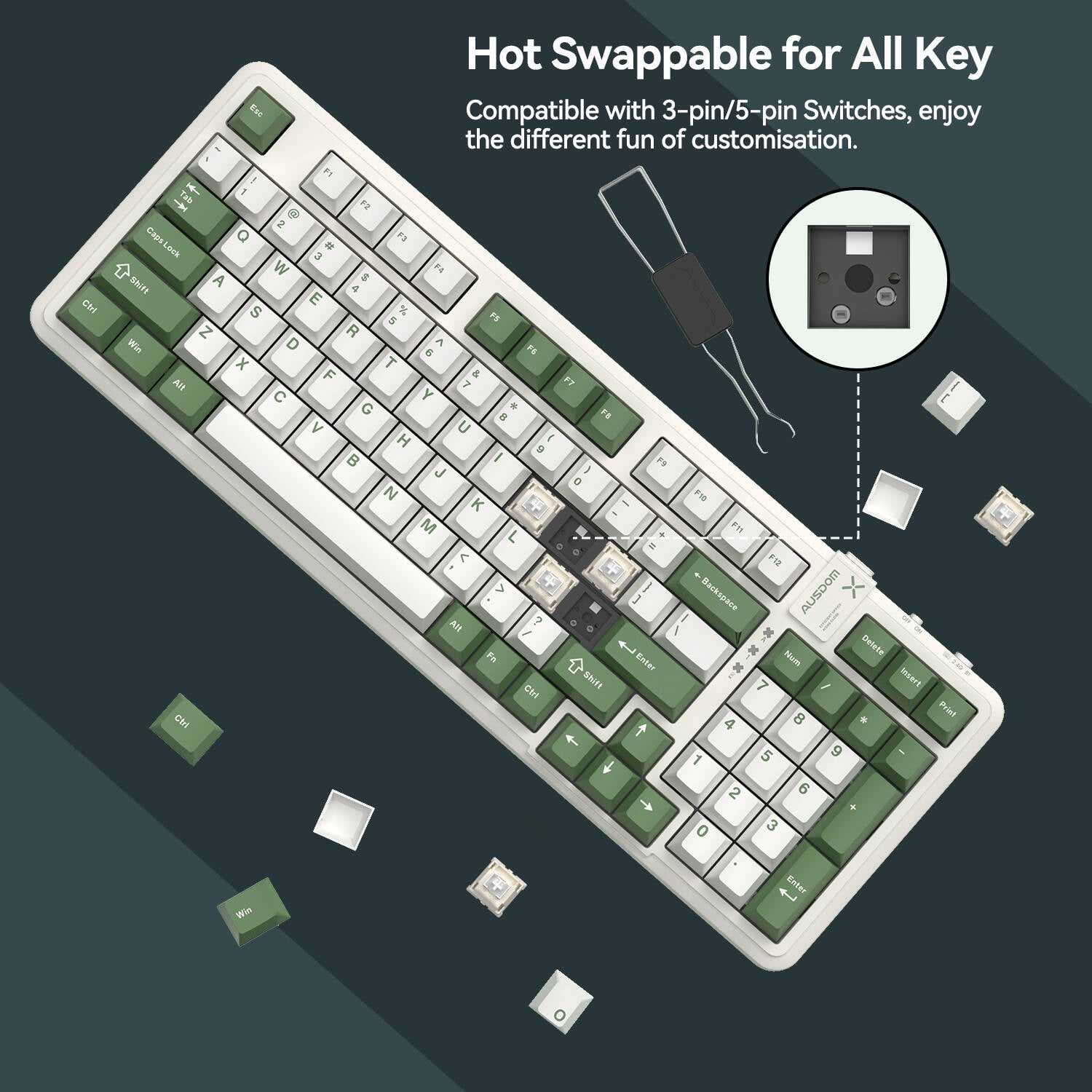 AUSDOM 98Pro Wireless Mechanical Gaming Keyboard - Linear Switches, Hot Swappable, White Backlit, Tri-Mode (Bluetooth/2.4GHz/USB-C), Gasket Mount, Pre-Lubed, 97% Compact Layout (Green & White)