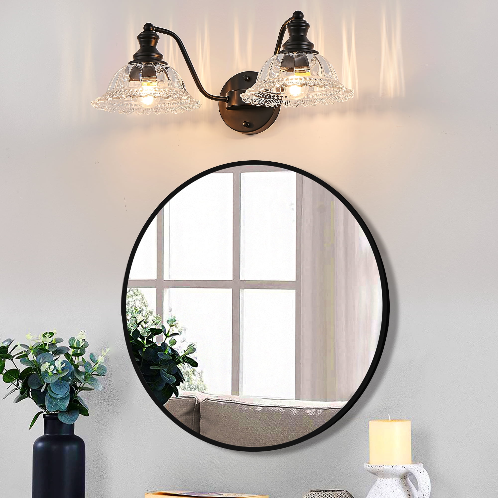 2-Light Bathroom Black Vanity Light Fixtures, Farmhouse Vanity Lights for Bathroom with Flower Glass Shade Wall Lights 20in