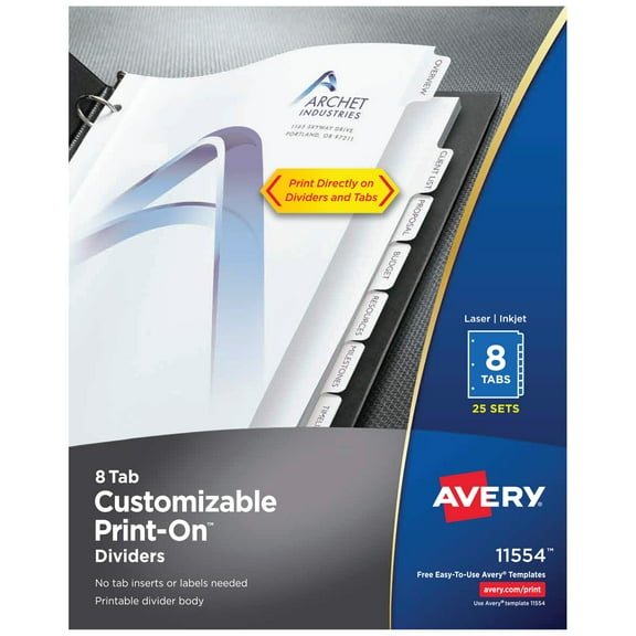 Avery Customizable Print-On Dividers, 8 Tabs, White, 25 Sets (11554)