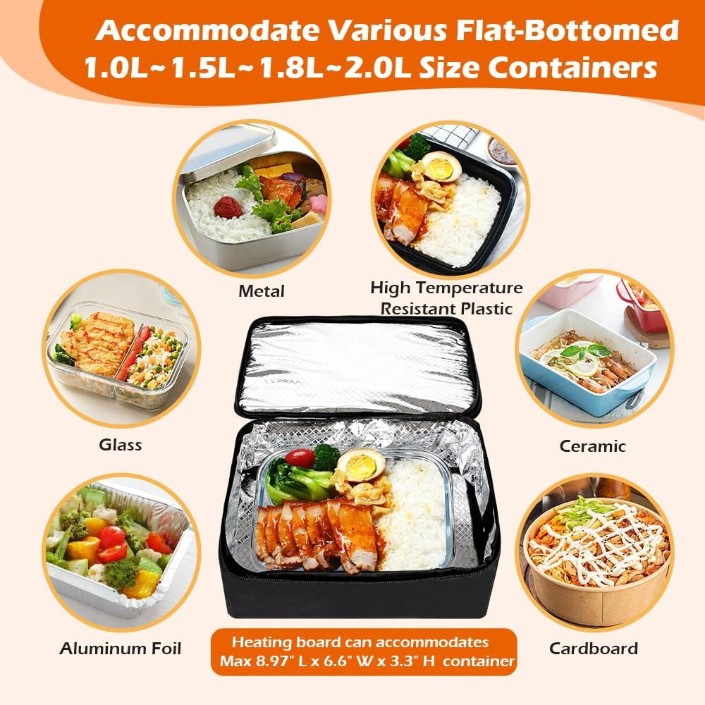 80W Portable Oven Food Warmer, 12V/24V/110V/220V Electric Heated Lunch Box for Car, Office, Camping