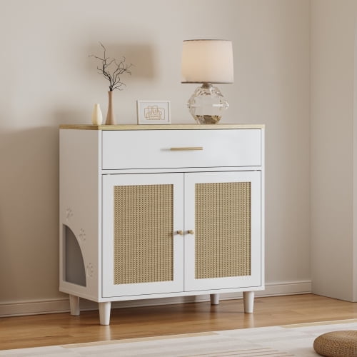 Cat Litter Box Enclosure with Scratch Pad, Hidden Litter Box Furniture, Wooden Pet House Sideboard, Storage Cabinet, Fit Most Cat and Litter Box for Living Room Office (White)