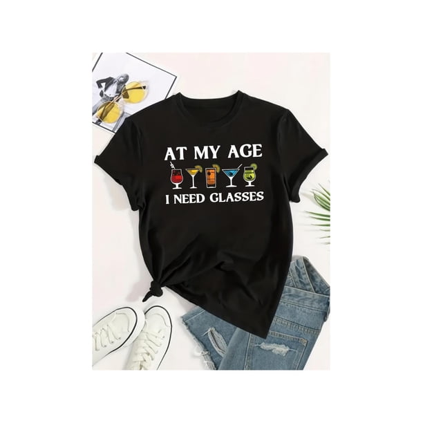 Women's "at My age i Need Glasses" Graphic T-Shirt - Casual Black Crew Neck Short Sleeve Tee with Colorful Drink icons, Machine Washable for Spring & Summer, Casual Summer Tee|Crew Neck Tee