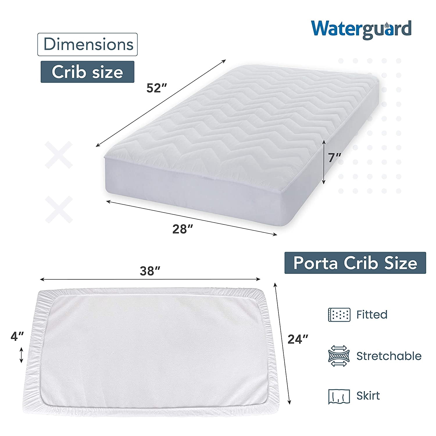 Waterguard Quilted Cotton Mattress Pad - Portacrib Size - Soft, Comfortable, and Fluffy Mattress Pad - Waterproof Mattress Protector Stretched 4" for Snug Fit on Regular Sized Mattress