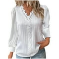 thumbnail image 1 of Blusa de manga larga con cuello en V y volantes para mujer - Camisa elegante con encaje floral y botones, 1 of 5