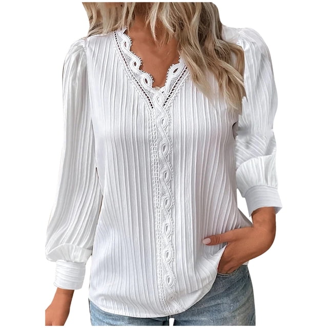 Blusa de manga larga con cuello en V y volantes para mujer - Camisa elegante con encaje floral y botones