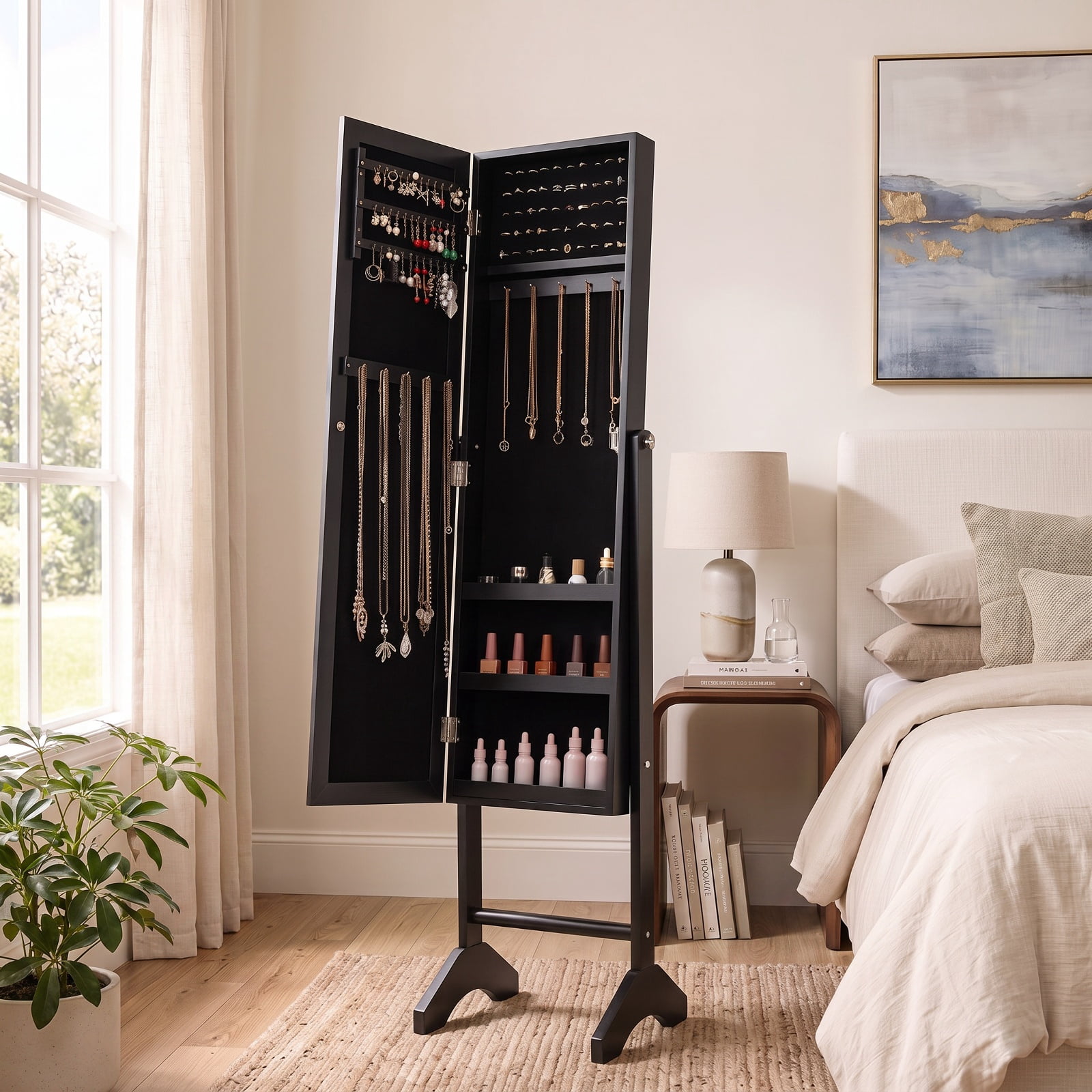 Furnibear Freestanding Jewelry Armoire with Velvet Lining and Full Length Mirror for Bedroom Dressing Room Jewelry Necklace Rings Storage, Black