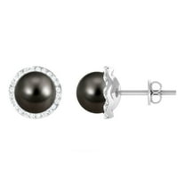 Rosec Jewels 7 MM Tahitian Pearl Stud Earring for Women with Diamond Halo, 925 Sterling Silver
