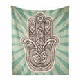 thumbnail image 1 of Mandala Soft Flannel Fleece Throw Blanket, Middle Eastern Hand Motif with Stripes Background Floral Design, Cozy Plush for Indoor and Outdoor Use, 50" x 70", Pale Green Brown, by Ambesonne, 1 of 6