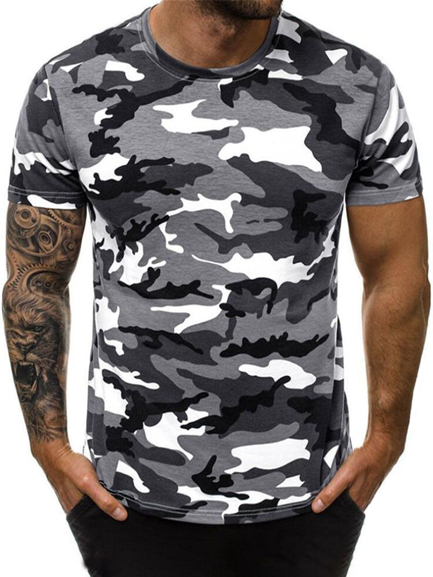 Mens Summer T-Shirt Short Sleeve Round Neck Printed Stretch Fitness Funny Tops Sweatshirt Pullover Tees for Gym Sport Military Casual Comfy Shirt 