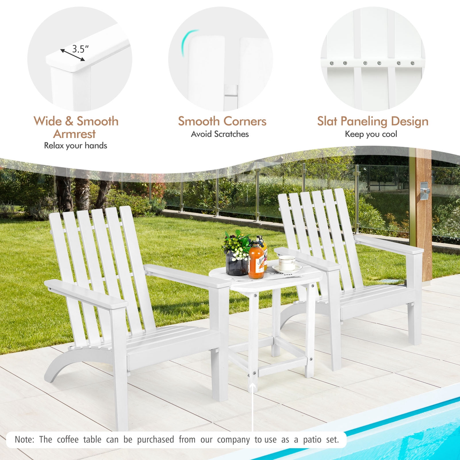 Patiojoy 2PCS Wooden Adirondack Chair W/Ergonomic Design Outdoor Lounge Armchair Acacia Wood chair for Yard&Patio White