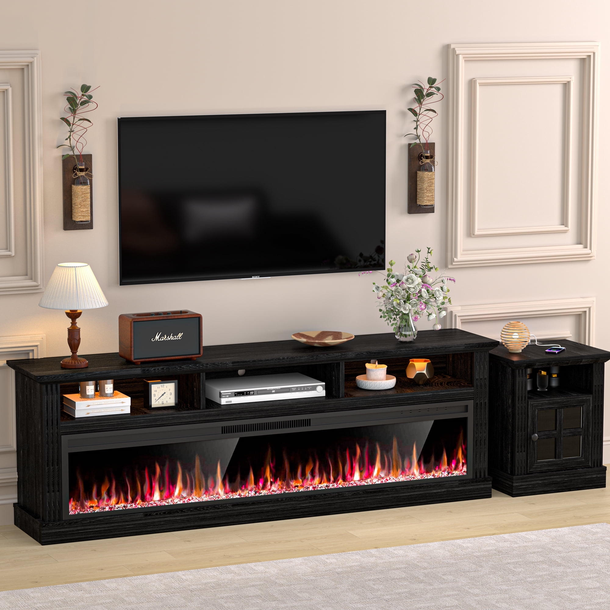 HARIPUL 58" Fireplace TV Stand for TVs Up to 65" with 52" Electric Fireplace,White Entertainment Center with Storage Cabinets,Led Light TV Consoles for Living Room,Black/Crystal Fireplace