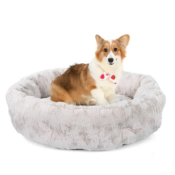 23.6" Calming Dog Bed Cat Bed, Faux Fur Fluffy Donut Dog Cuddler Bed, Anit Anxiety Cat Bed