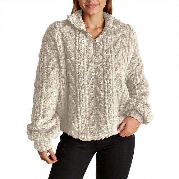 Yuanlong Womens Sweatshirts Fuzzy Cable Knit Quarter Zip Lapel Collar Long Sleeve Sweatshirt Winter Thermal Pullover Top