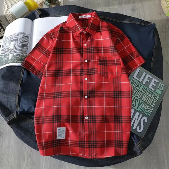 Camisa de verano a cuadros de manga corta, fina, holgada, versátil, informal, para hombre, moderna, coreana, para jóvenes, para playa, escena aplicable