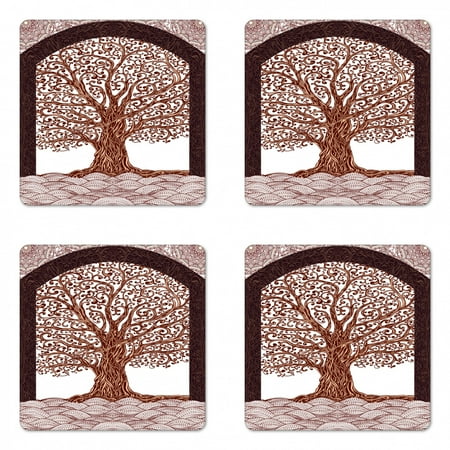 

Nature Coaster Set of 4 Hand Drawn Tree Branch Roots with Modern Wavy Lines and Mandala Background Artwork Square Hardboard Gloss Coasters Standard Size Maroon Brown by Ambesonne