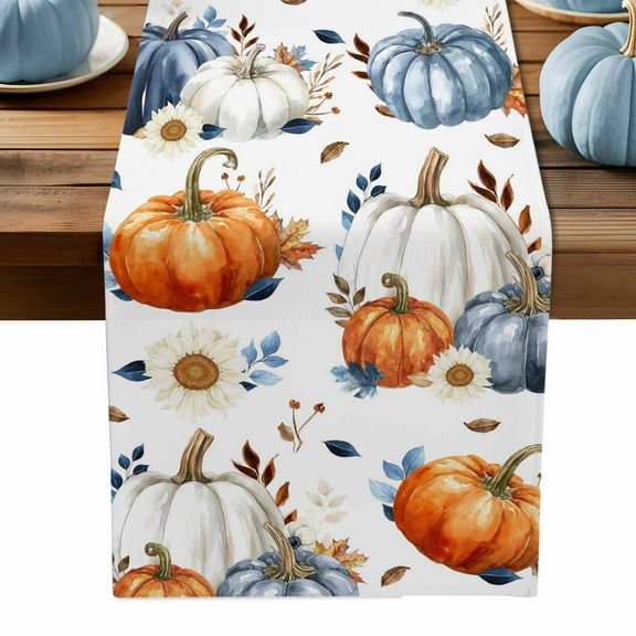 ERUNPONLY Thanksgiving Blue Pumpkin Table Runner - 108 Inch Long Fall Leaves Daisy Country Cotton and Linen Blended Dress Scarves Farmhouse Table Runner for Kitchen Dining, Coffee Table, 13" x 108"