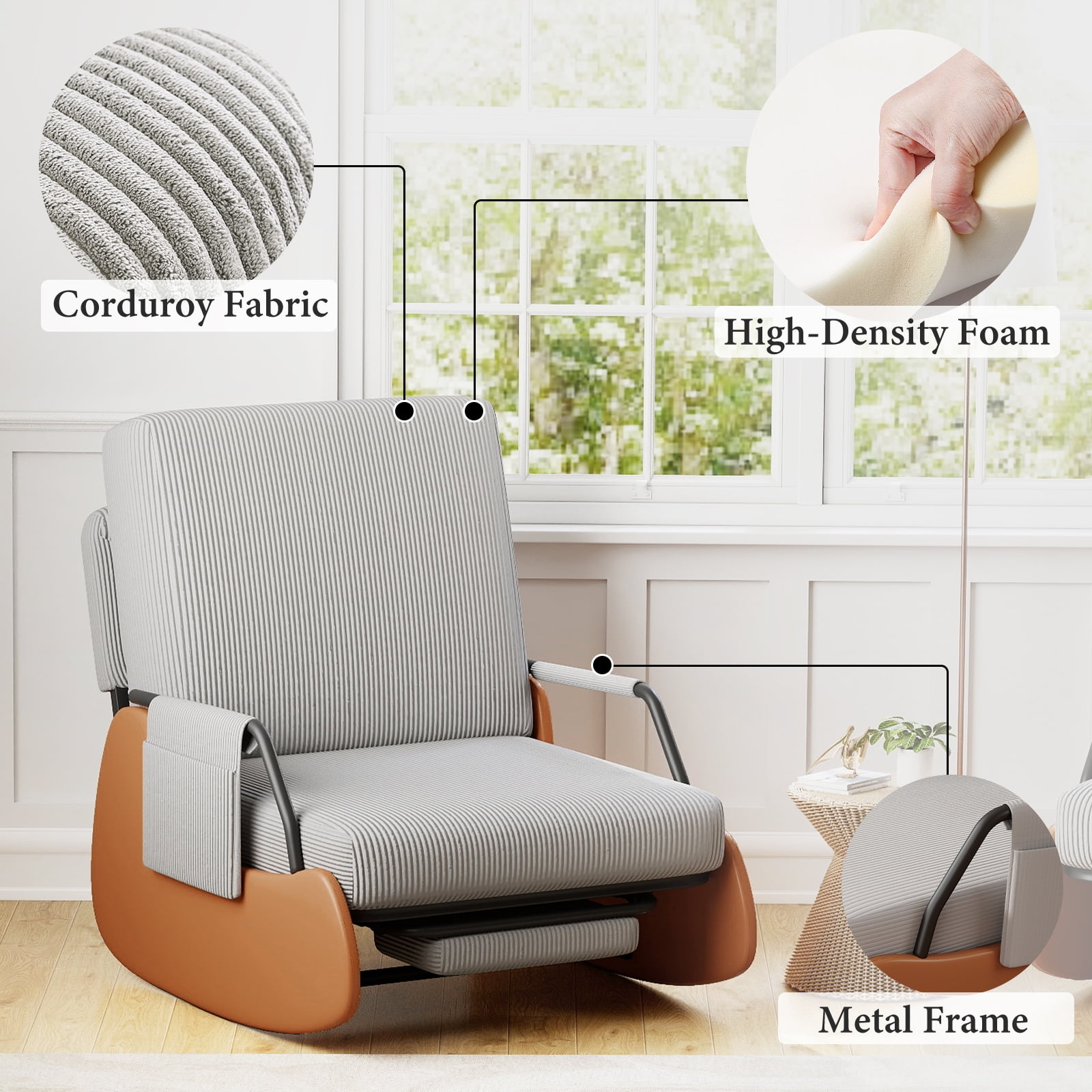 Furniliving Rocking Chair, Upholstered Nursery Rocking Chair with Footrest and Adjustable Backrest, Glider Rocker Accent Chair for Living Room, Bedroom, Nursery, Gray