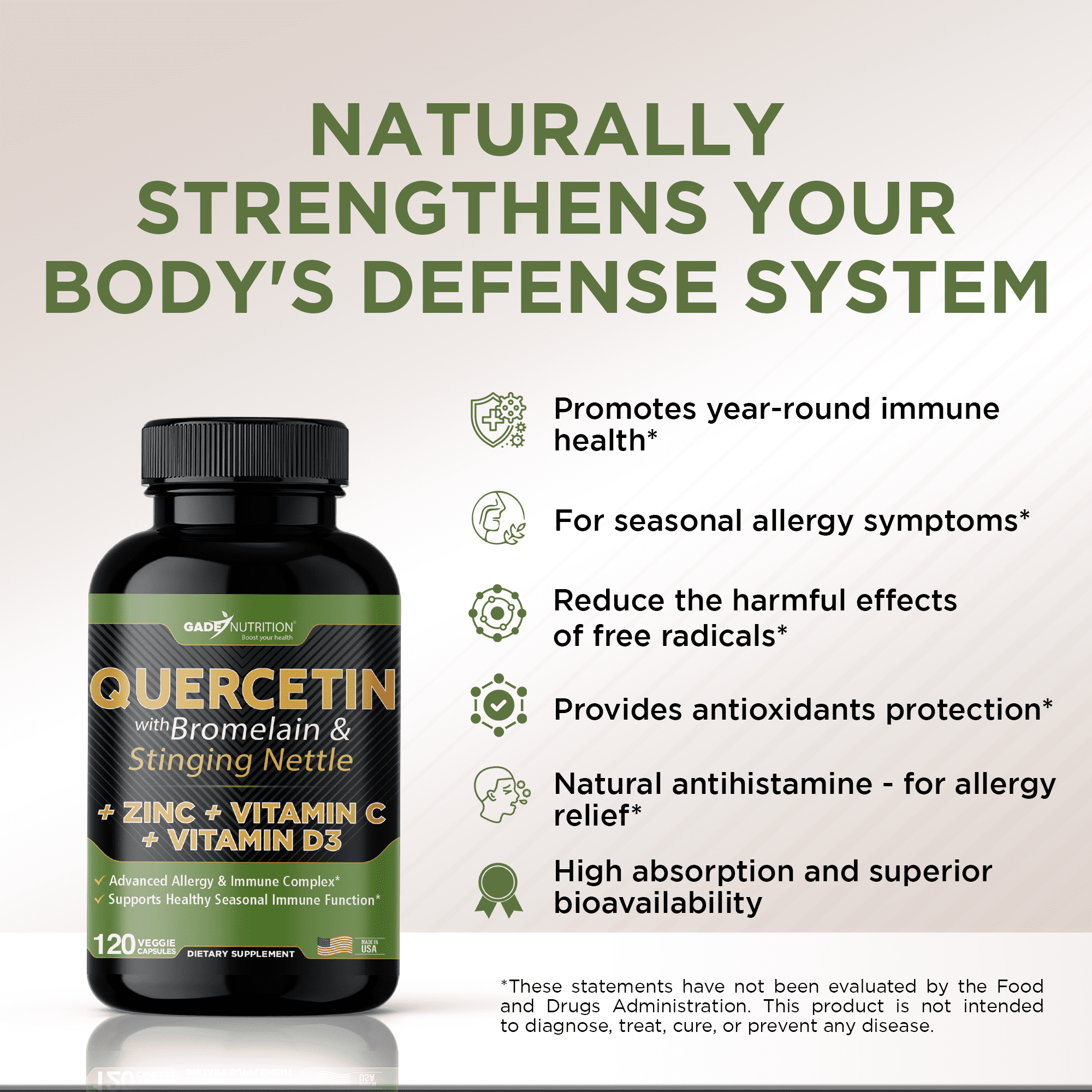 Gade Nutrition Quercetin with Bromelain, Vitamin D, Vitamin C, and Zinc - & Stinging Nettle - Quercetin 500 mg (Non-GMO, Gluten-Free, Vegan) - 6 months supply