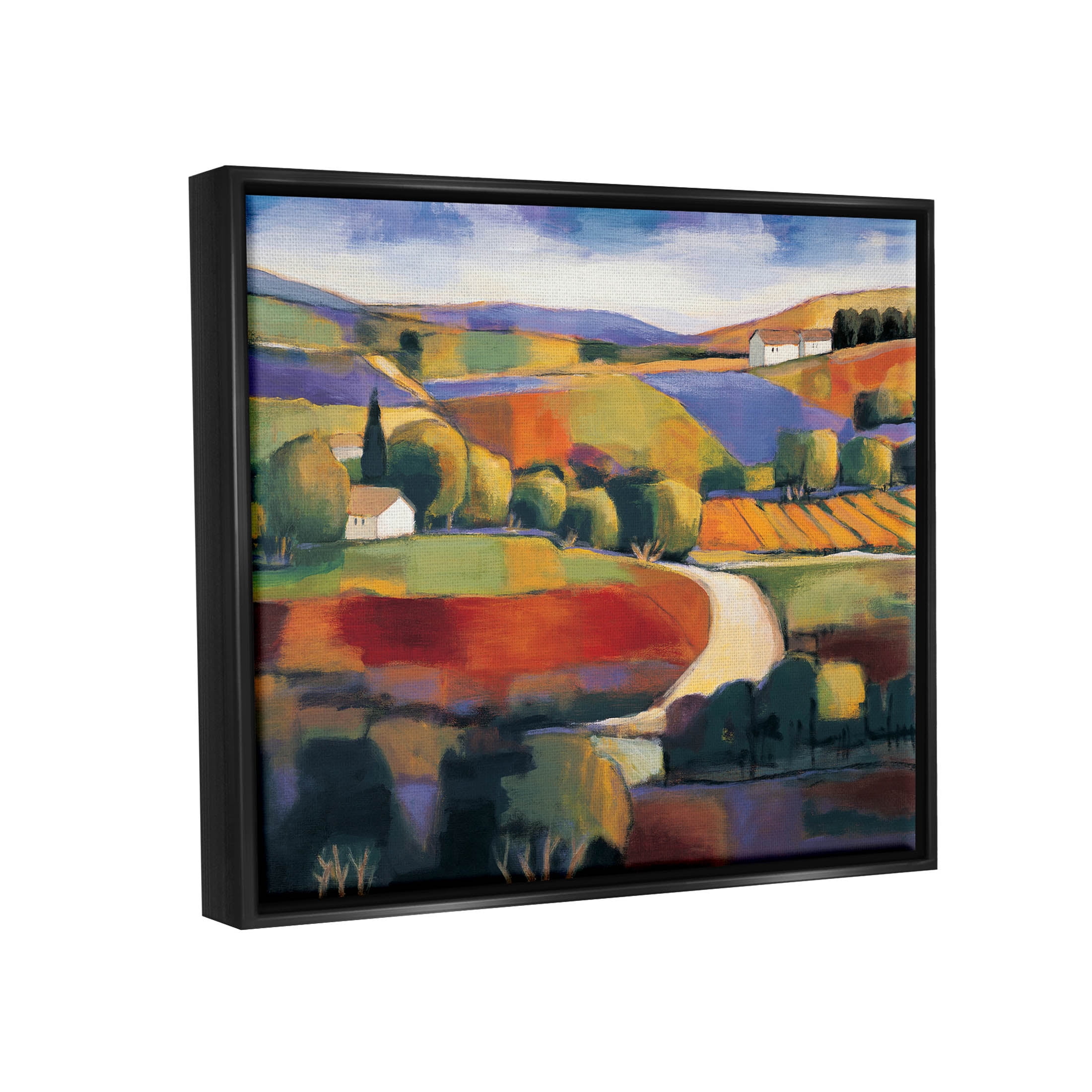 Modern Countryside Farm Town Landscape Painting Jet Black Framed Art Print Wall Art