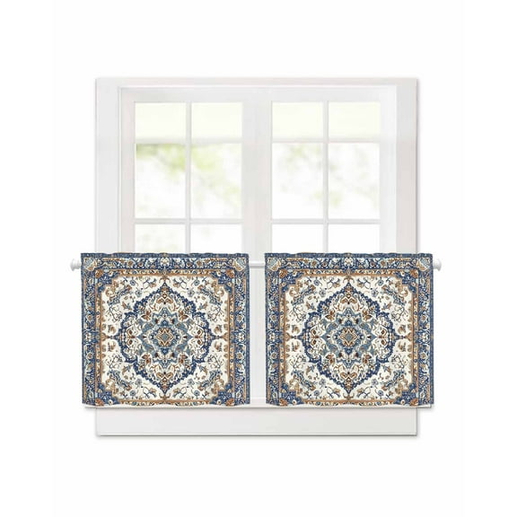 Vintage Floral Short Blackout Curtains 30Inch Long Navy Brown Classical Bohemian Style Rod Pocket Kitchen Curtains, 2 Panels Thermal Insulated Room Darkening Drapes for Bedroom, 30"W x 30"L