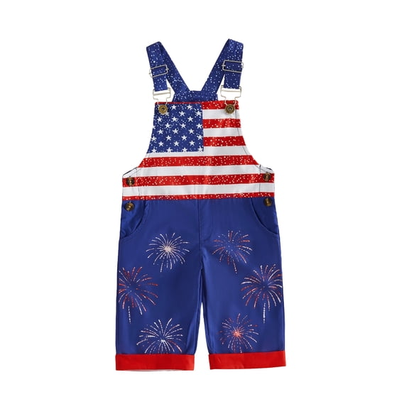 Toddler Baby Boy Girl 4th Of July Outfit Fireworks and Stars Stripe Flag Bib Overalls Sleeveless Patriotic Jumpsuit Suspender Pants Summer Clothes