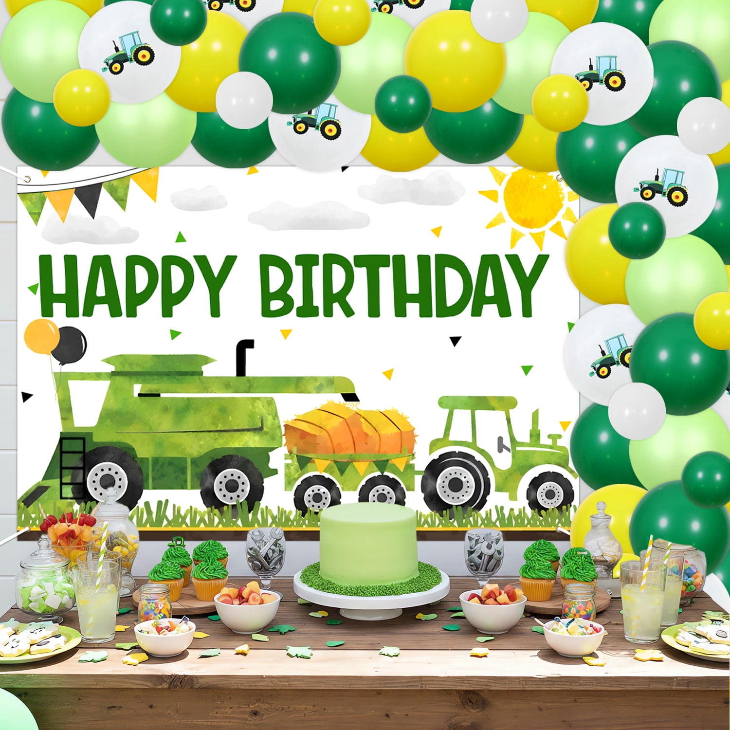 67Pcs Farm Tractor Theme Birthday Party Decorations Happy Birthday Photography Background Cloth Green Tractor Backdrop Foil Balloon Garland Arch Kit for Tractor Themed Kids Birthday Decor Supplies