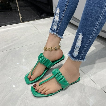 

Kenmeko Summer Shose 2022 Ladies Fashion Solid Color Wrinkled Leather Shoes Pinch Toe Flat Sandals J11