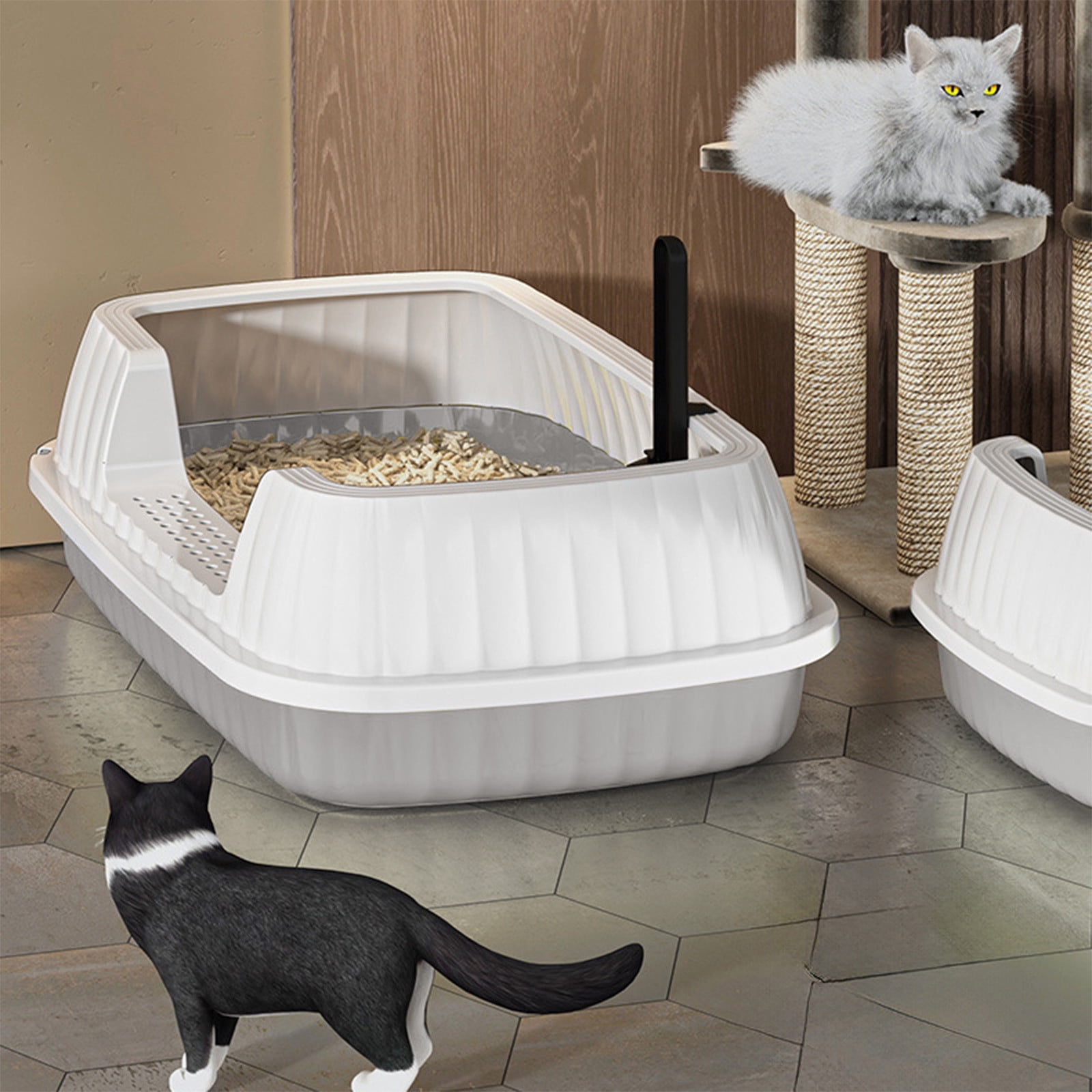 SHENGXINY 2PCS Cat Litter Boxes,Semi Enclosed High Bar Litter Box with Splashs Proof Designs ,Provides Ample Space for Cats Includes Shovel for Kittens Gray 14.37x10.63x5.31in