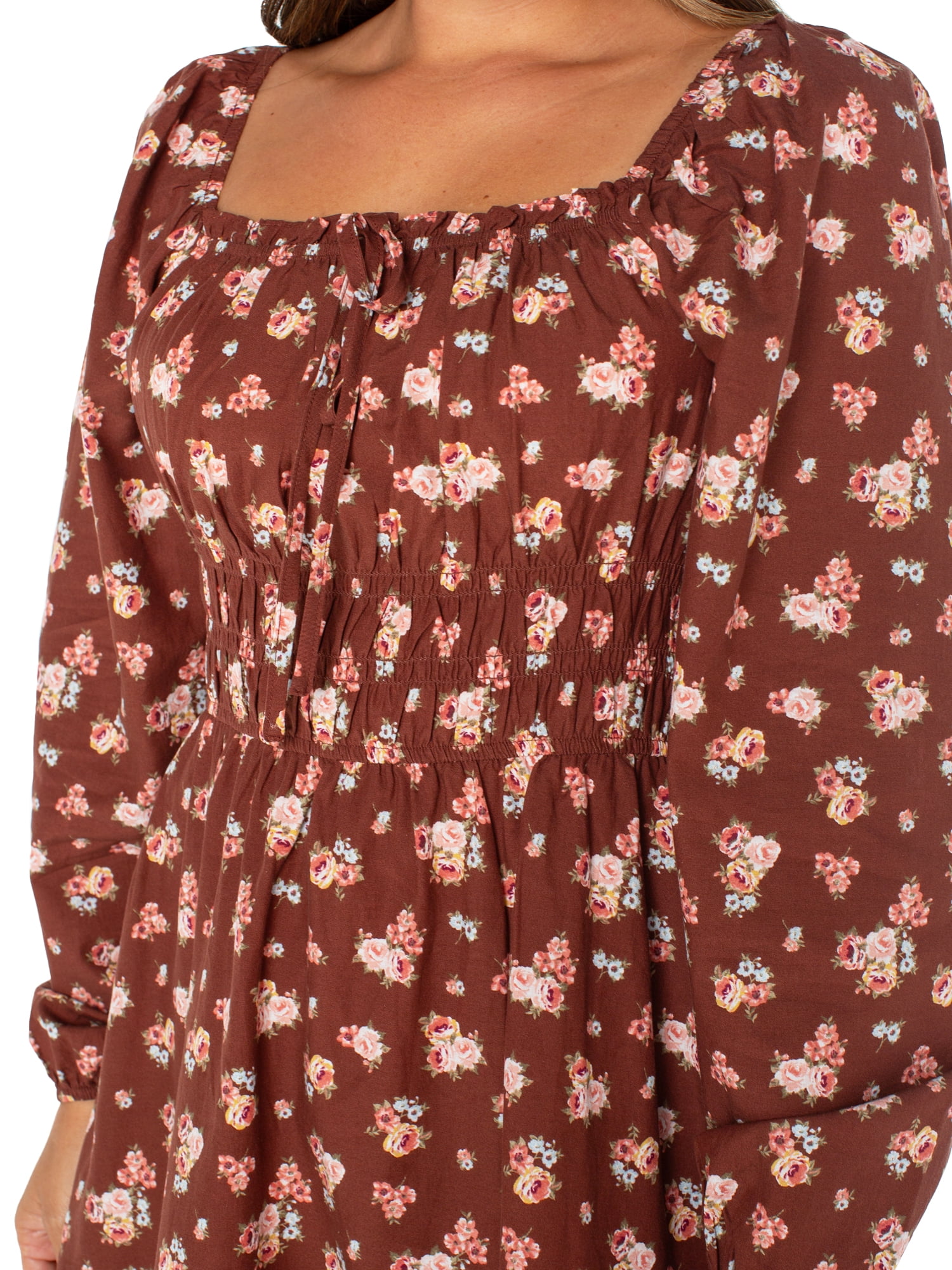 Celebrity Pink Women’s and Women’s Plus Floral Print Babydoll Dress with Long Sleeves, Sizes XS-4X