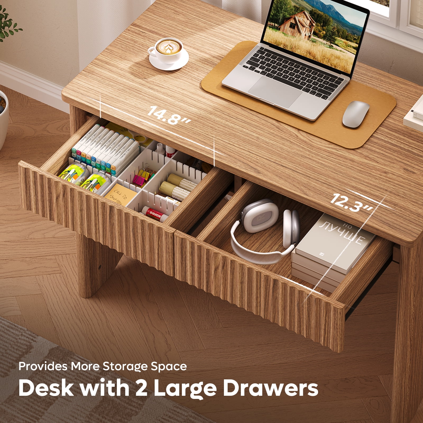 Bestier Computer Desk with 2 Storage Drawers,Home Office Writing Study Desk PC Table for Small Space,Brown Oak