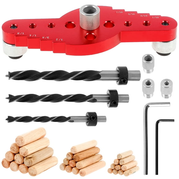 Self Centering Scriber Dowel Jig Kit Aluminum Alloy Vertical Hole Drilling Jig Precise Wood Dowel Drill Guide 2 in 1 Punching Hole Locator with Wood Dowel Pin for Woodworking Drilling