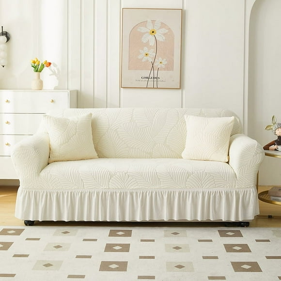 Granjero Gordo Funda de sofá elástica con borde de falda de jacquard, color beige, 1 pieza, 3 plazas, 74,8-90,55 pulgadas