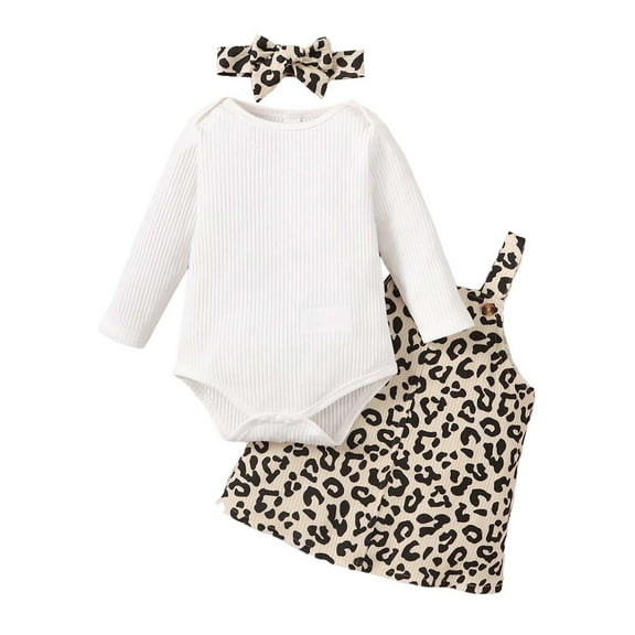 Kucnuzki 6 Months Baby Newborn Girl Winter Outfits Skirts Sets 9 Months Long Sleeve Solid Color Romper Top Suspender Leopards Prints Skirts Headband 3PCS Set White