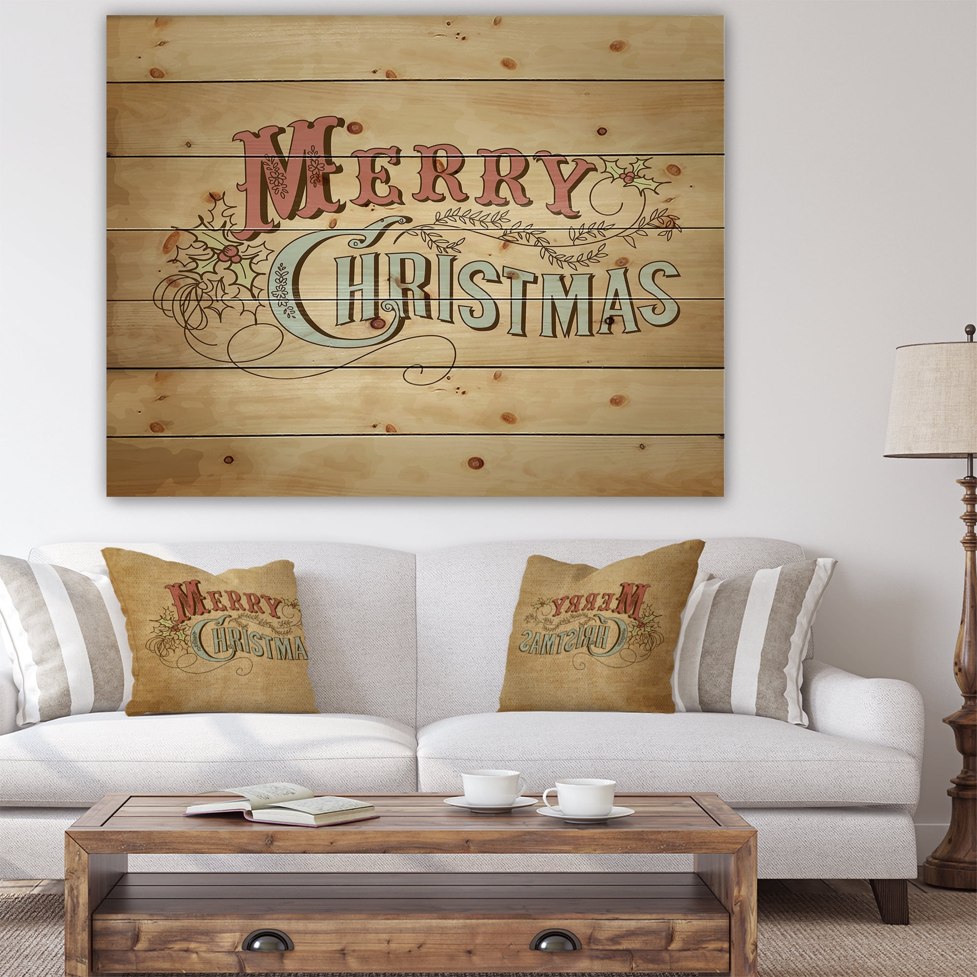 Designart 'Merry Christmas Vintage Wish in Western Font' Print on Natural Pine Wood