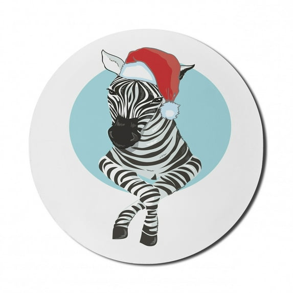 Christmas Mouse Pad for Computers, Funny Zebra with Santa Hat Modern Design Xmas Design Contemporary Art, Round Non-Slip Thick Rubber Modern Mousepad, 8" Round, Pale Blue Dark Grey, by Ambesonne