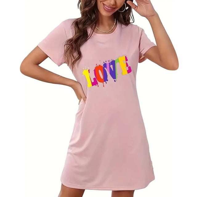 Camisón corto de mujer, vestido de largo medio con estampado de moda, camisón corto extragrande de mujer, camisón de manga corta con estampado de pecho a la moda, camisón de mujer