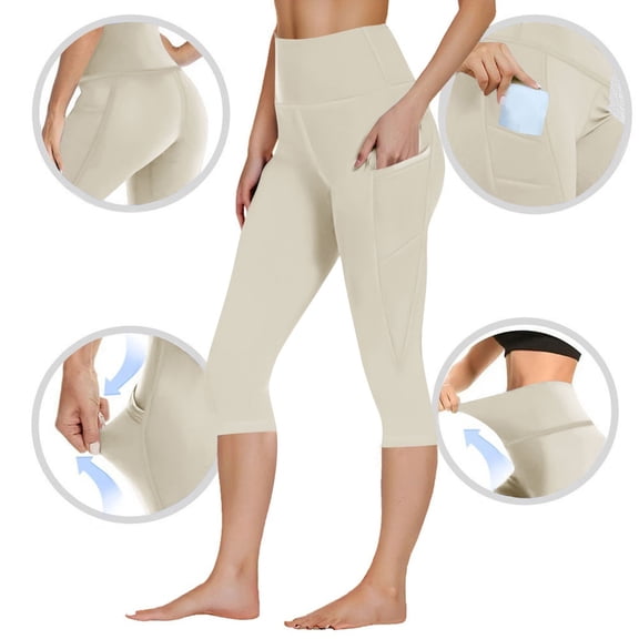 Pouno Leggings for Women High Waist Stretch Knit Capri Pants Yoga Classes Soft Breathable Relaxed Fit Pocket Pants Gift