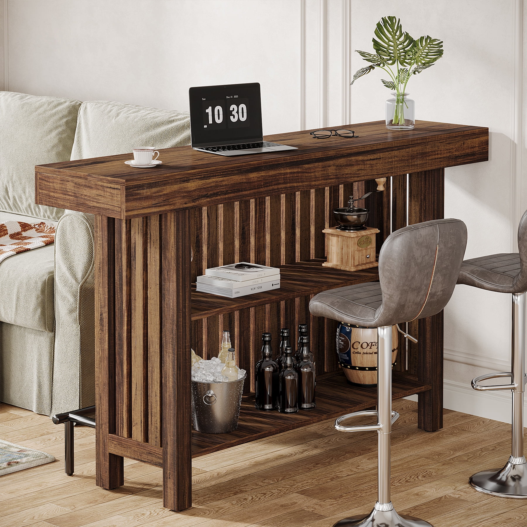Tribesigns Home Bar Unit, Modern 2-Tier Bar Table with Footrest, Corner Mini Coffee Bar Cabinet for Home Kitchen Pub, Brown