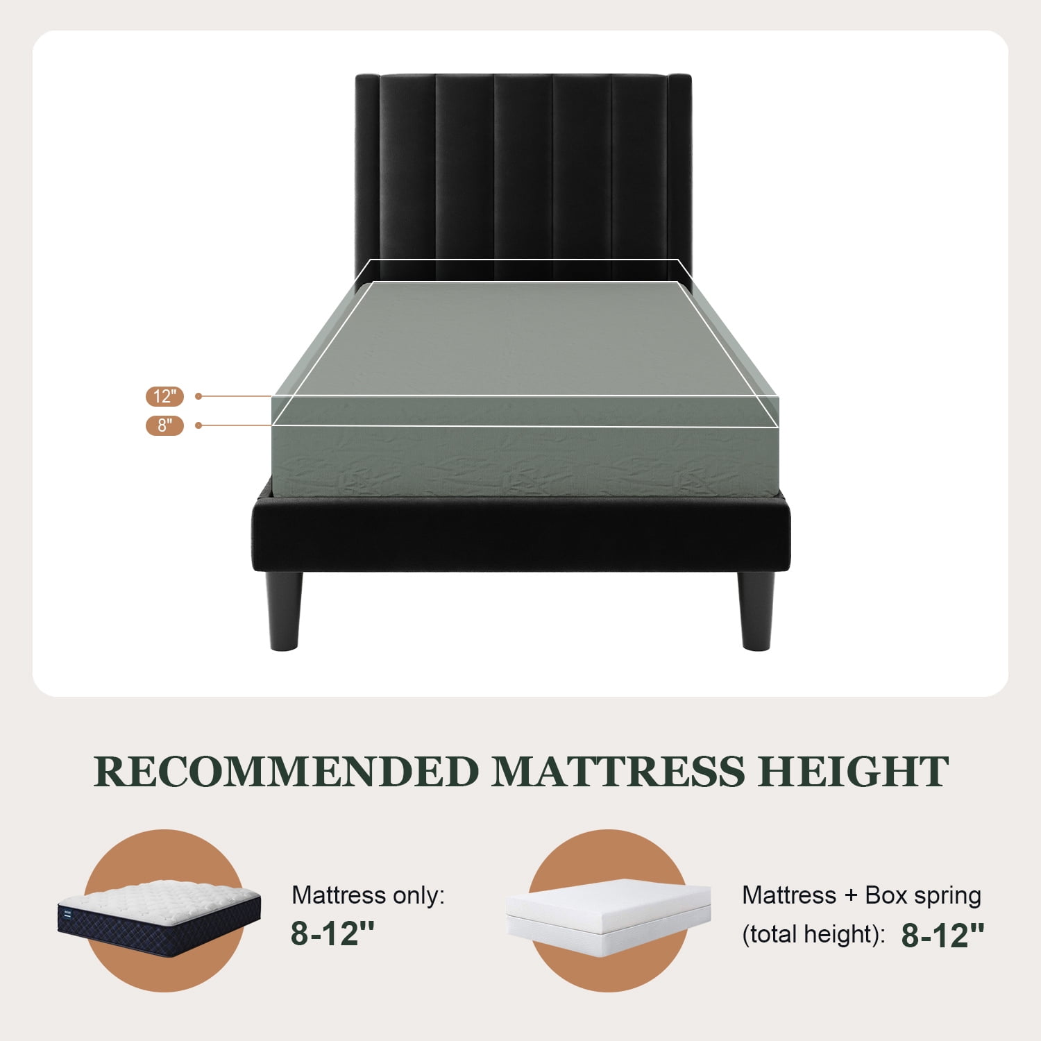 Amolife Twin Bed Frame, Upholstered Bed Frame with Velvet Vertical Channel Tufted Headboard, Black
