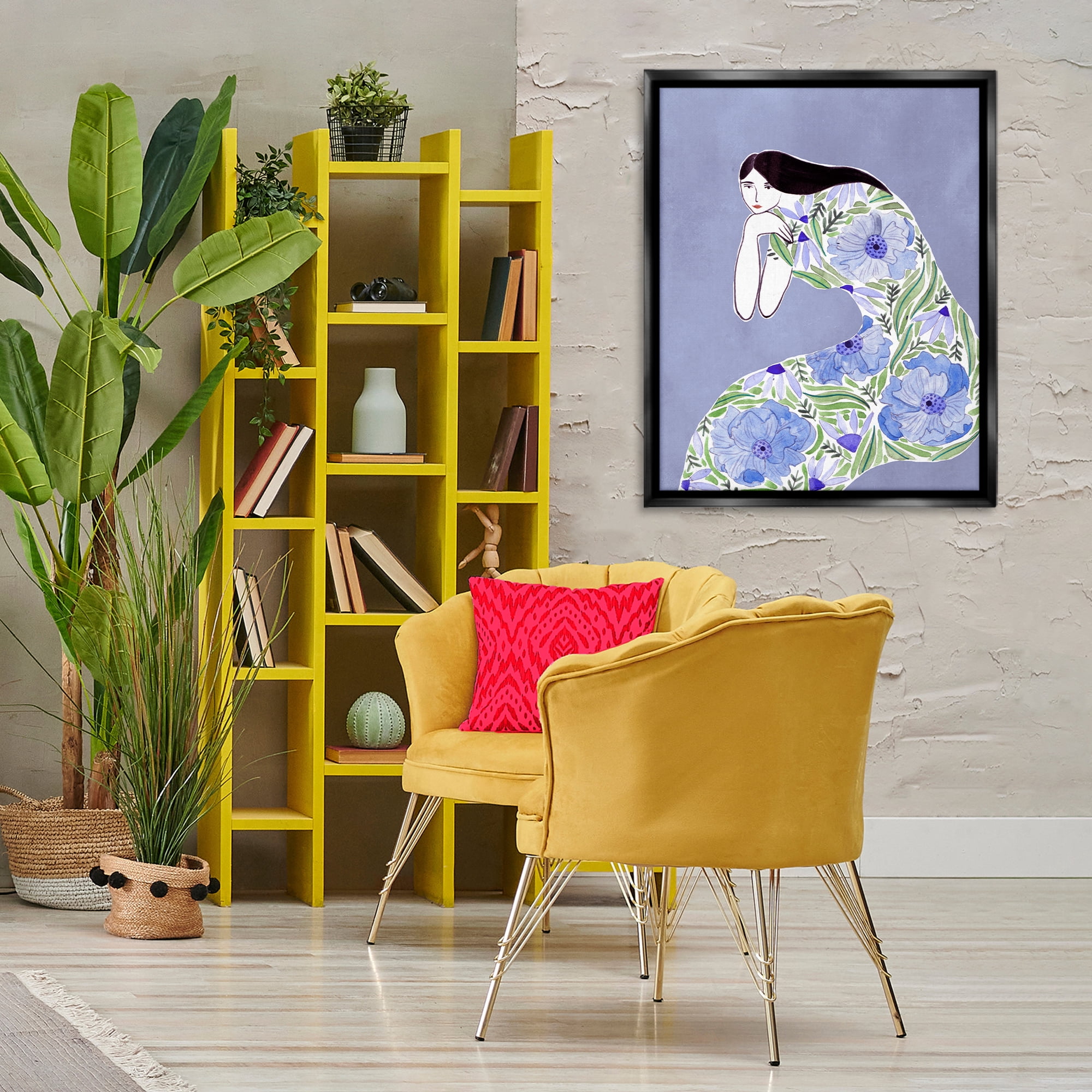 Stupell Industries Blue Floral Dress People Painting Black Floater Framed Canvas Art Print Wall Art, 25 x 31