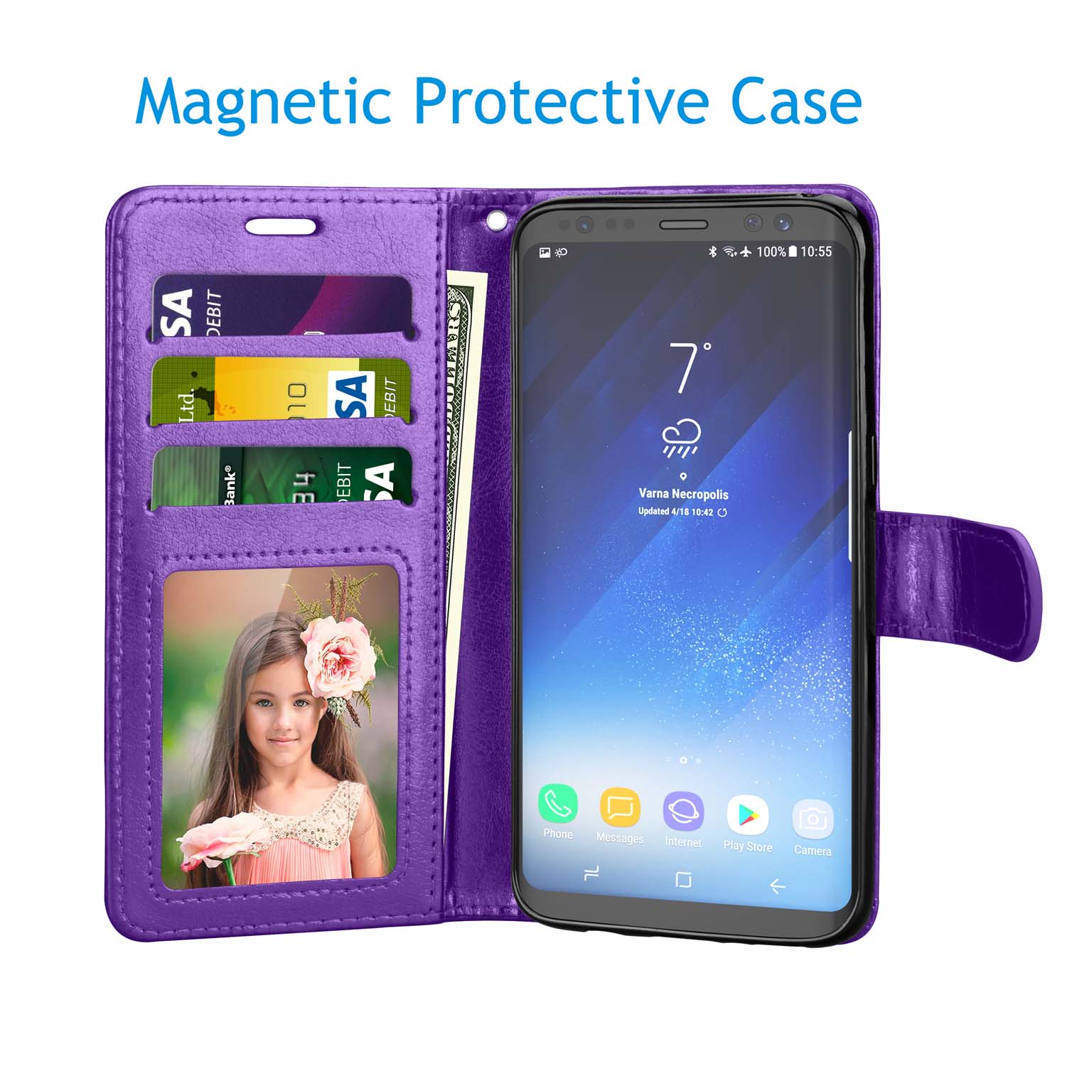 Tekcoo Galaxy S8 / S8 Plus Wallet Case, for Galaxy S8 / S8+ PU Leather Case, Tekcoo [Purple] PU Leather [3 Card Slots] ID Credit Flip Cover [Kickstand] Cover & Wrist Strap - image 4 of 5