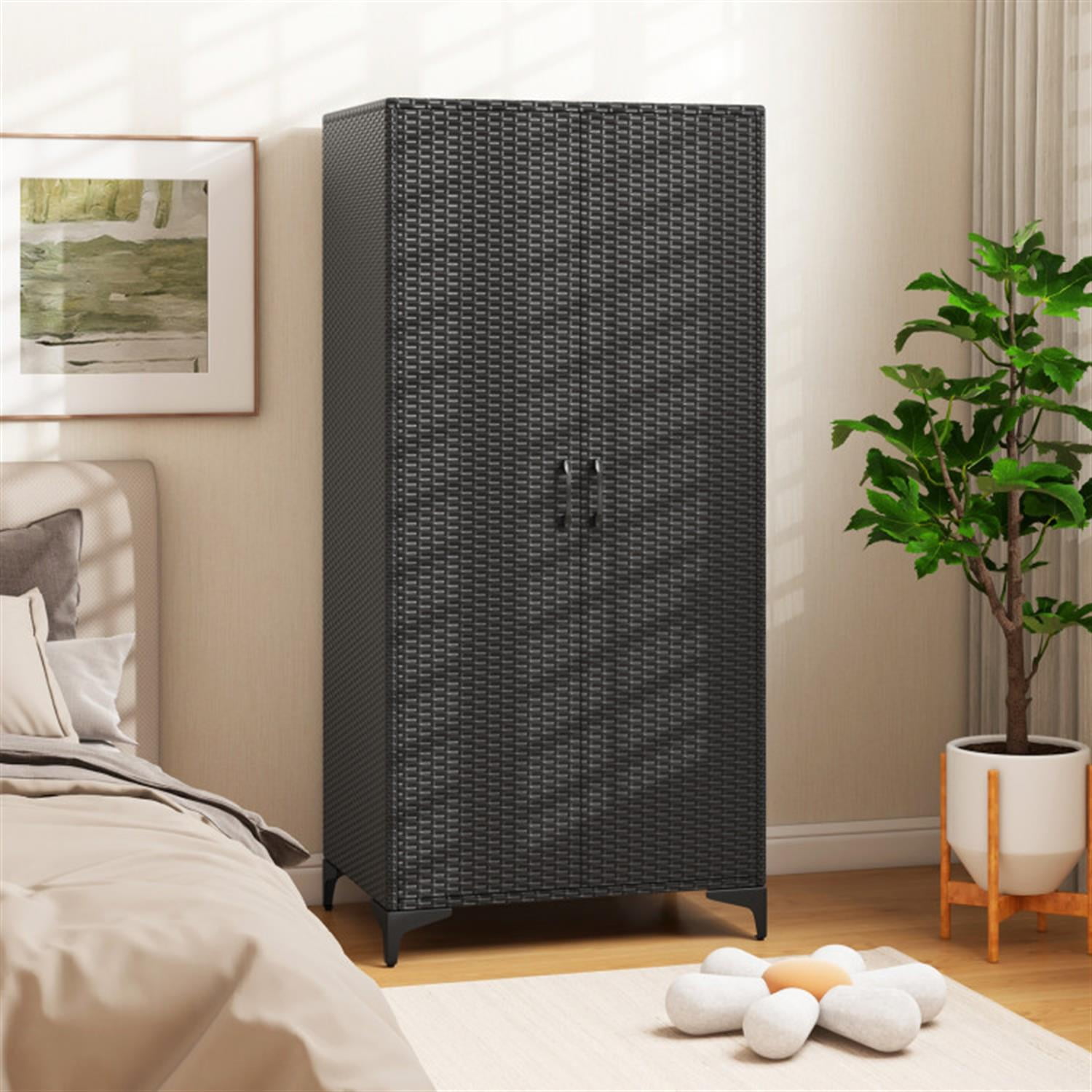 Demi Bonn 62" Wicker Wardrobe with 2 Doors, PE Rattan Closet with Hanging Rod, Freestanding Storage Cabinet, Black
