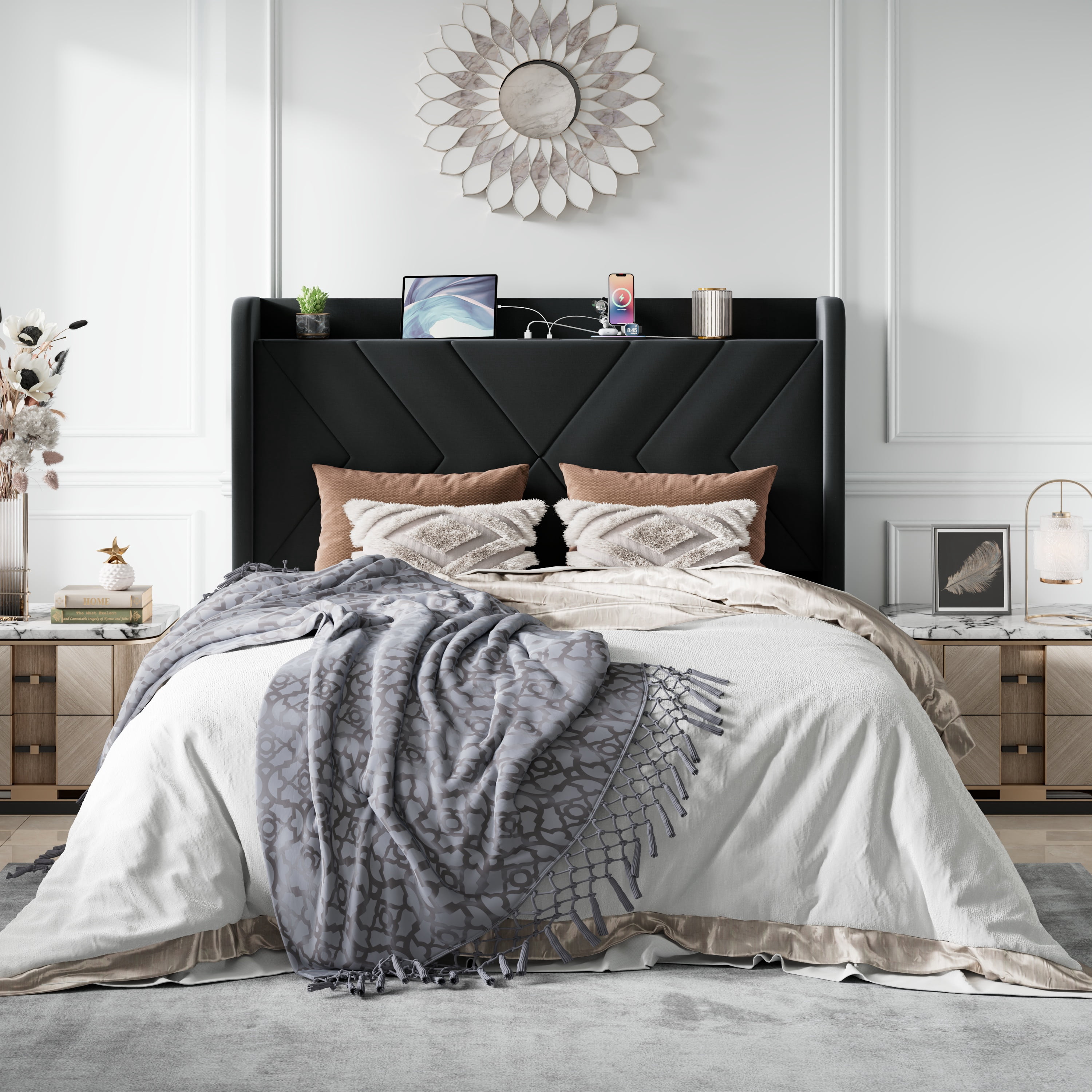 Amolife Full Size Platform Bed Frame with 4-in-1 Charging Station & Storage Shelf, Upholstered Velvet Wingback Headboard, Black
